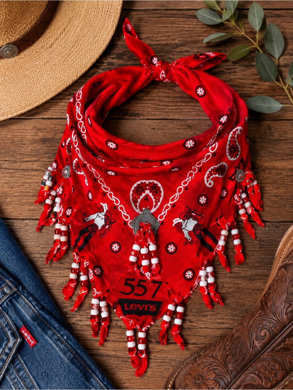 Vintage Levi’s 557 Red Paisley Concho Bandana Western Boho Statement Piece